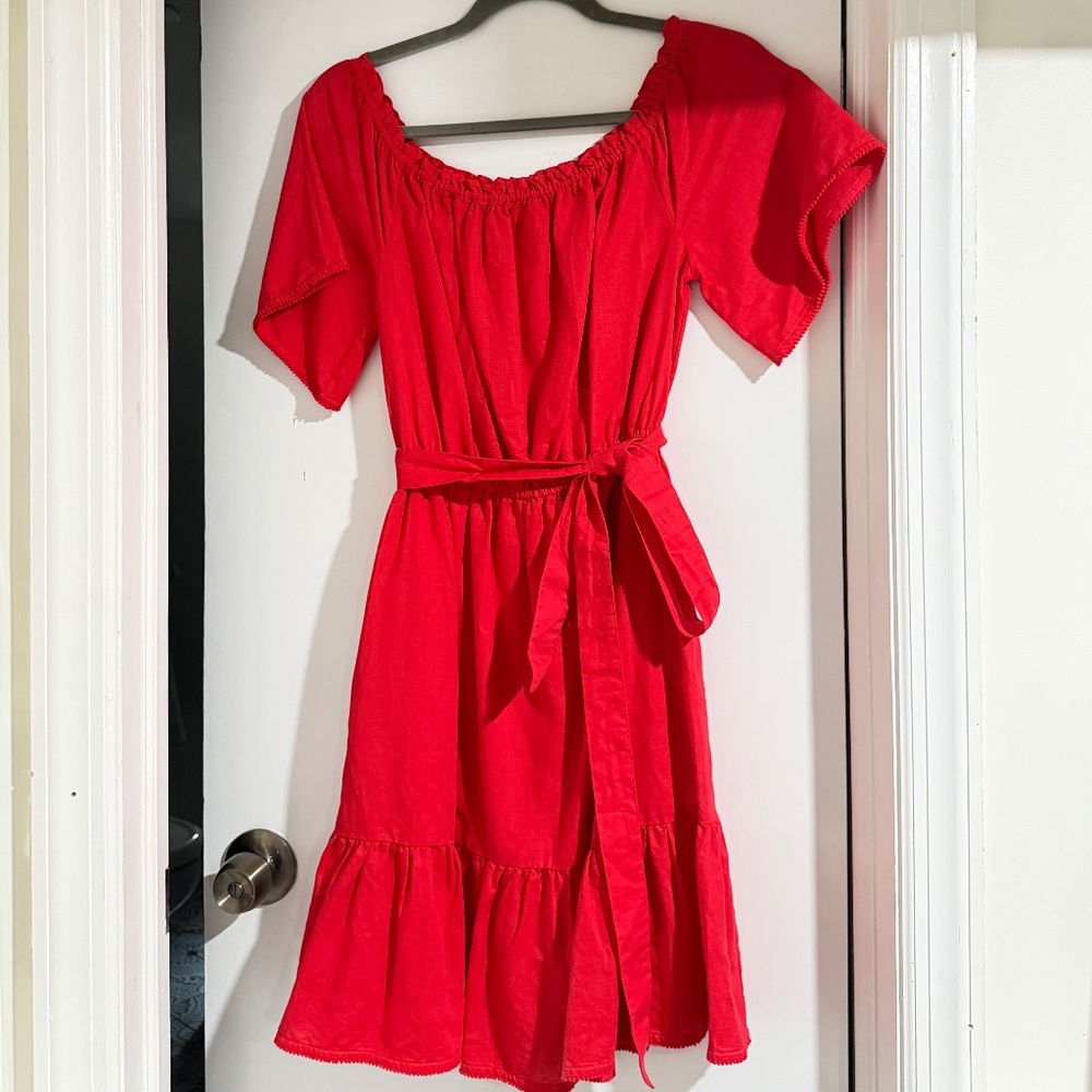 Red Linen Ruffle Dress